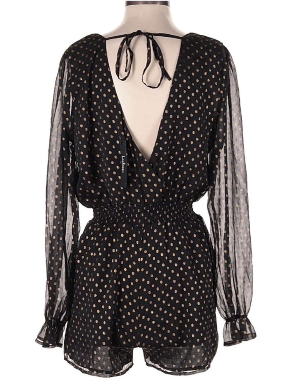 Lulus Evening Gold Dot Black Chiffon Romper Medium Sheer Sleeve V Neck Flowy NWT - Picture 3 of 6